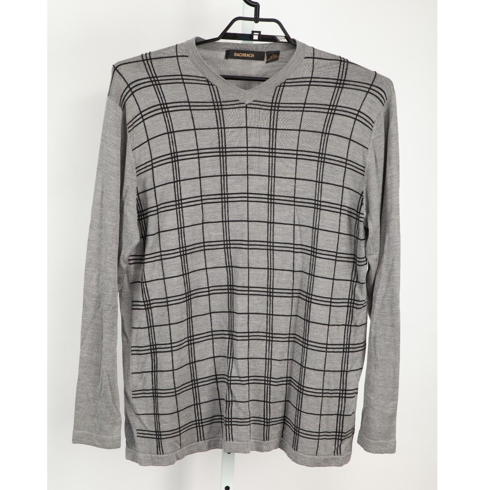 Bachrach Sweater Mens Large Gray 100% Silk V-Neck Windowpane Grid Long Sleeve